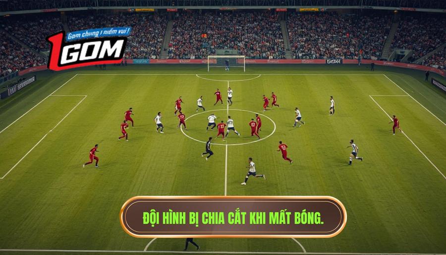 Đội hình bị chia cắt khi mất bóng.